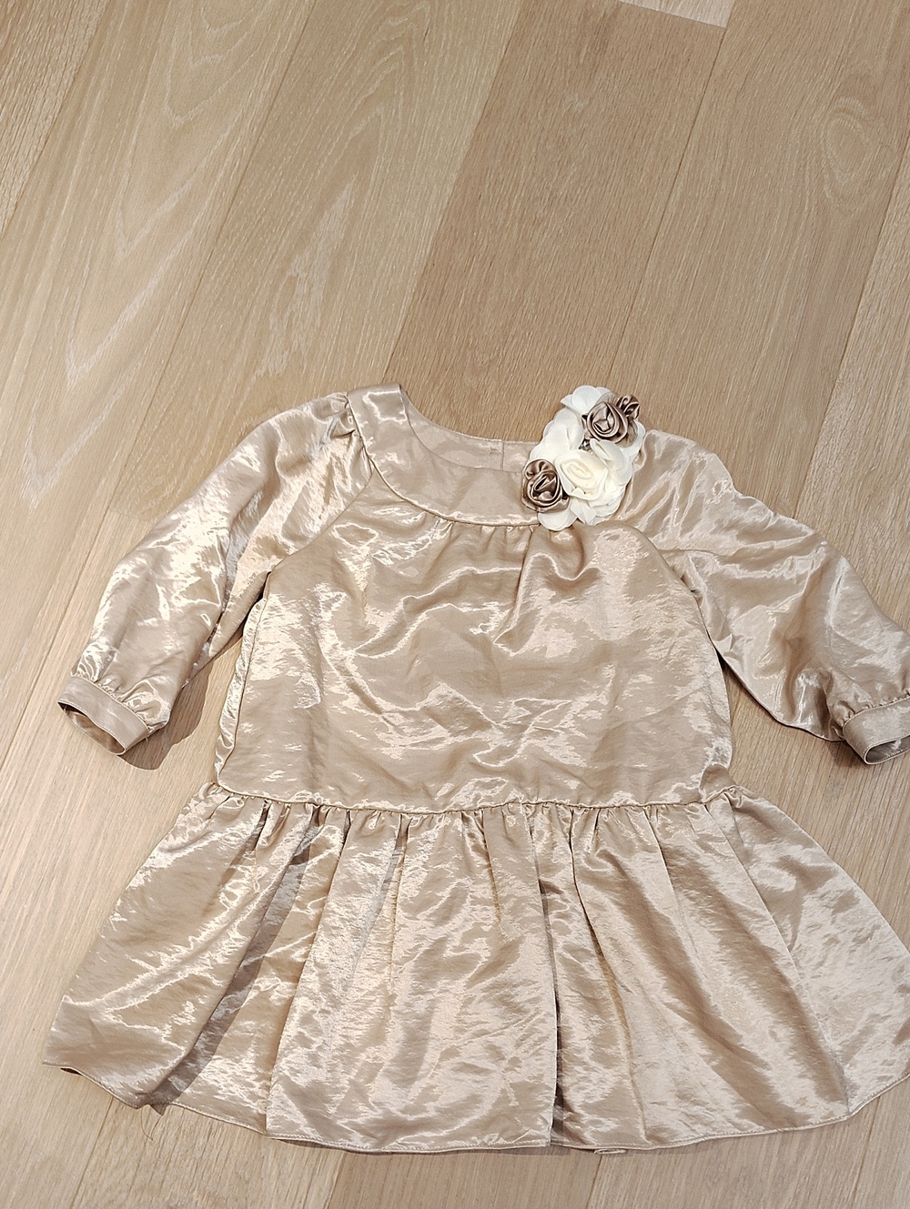 Laura Ashley Champagne Satin Dress with Floral Label Detail